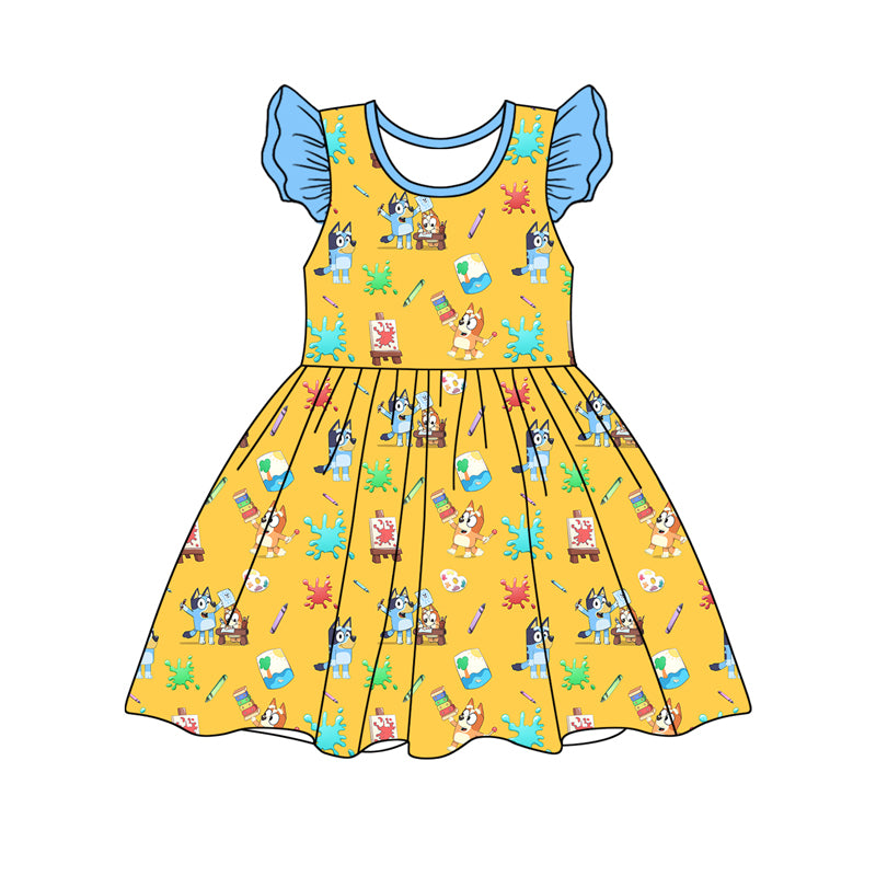 Preorder (moq 5)Baby Girls Sister Dog Back To School Pearl Knee Length Dresses