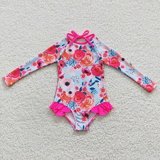 Baby Girls Summer Long Sleeve Flowers One Pieces Swimsuits