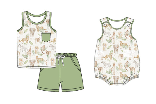 Preorder moq 5 Custom Baby Boys Green Sleeveless Animals Top Pockets Short Set Rompers