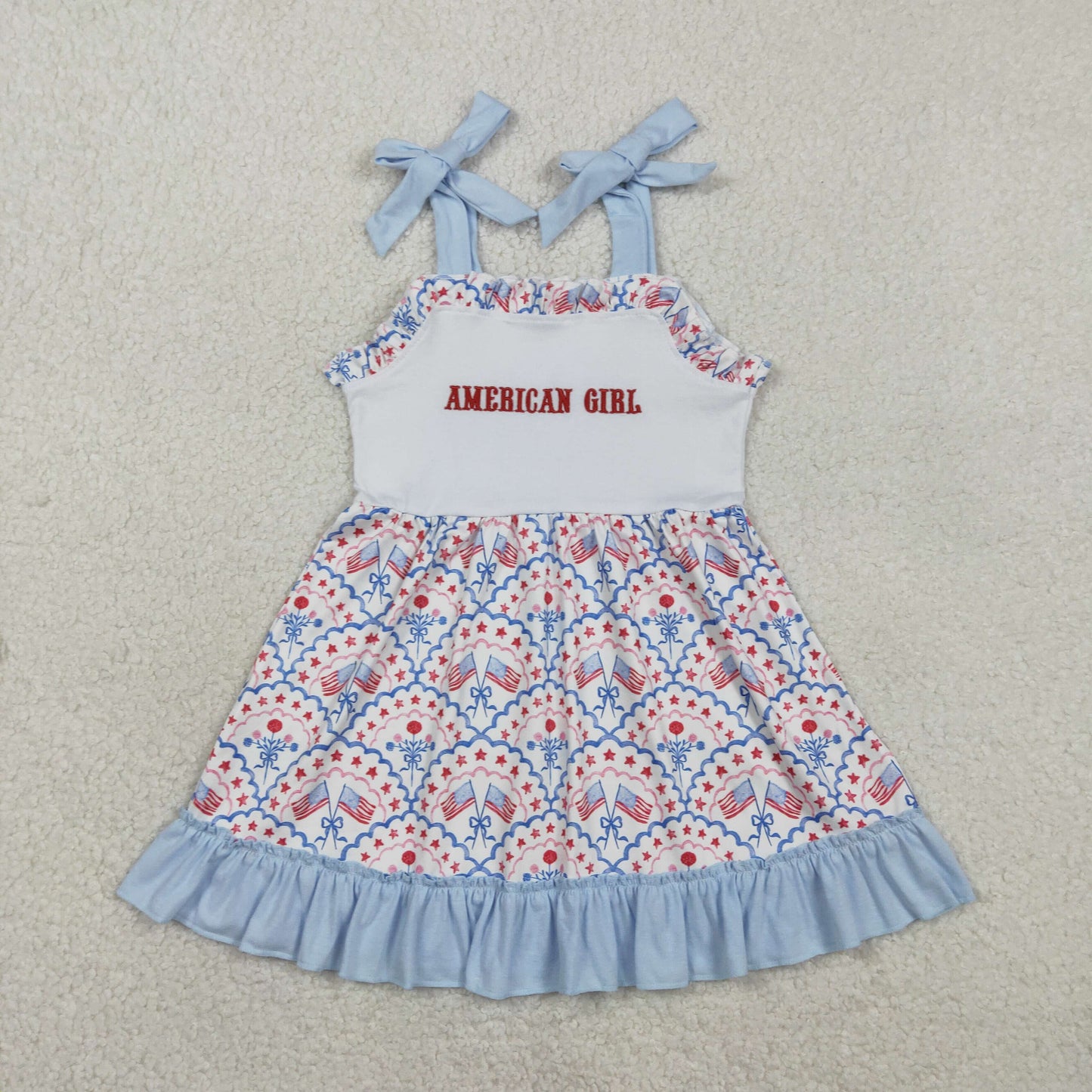 Embroidery American Girls Strap Bows Flags 4th of July Ruffle Knee Length Dress