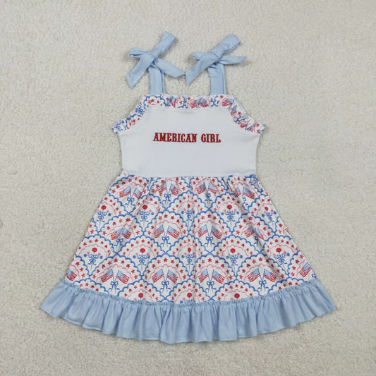 Embroidery American Girls Strap Bows Flags 4th of July Ruffle Knee Length Dress