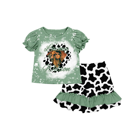 Baby Girls Country Singer Shirt Ruffle Shorts Cow Print Clothes Sets preorder(moq 5)