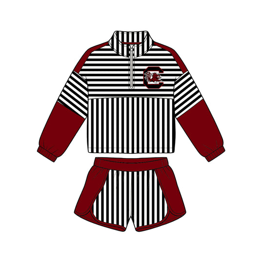 Preorder (moq 5)Baby Girls Black Stripe Gamecocks Zip Pullovers Short Team Clothes Set