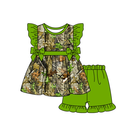 Preorder (moq 5)Baby Girls Real Tree Camouflage Bows Tunic Top Ruffle Shorts Clothes Sets