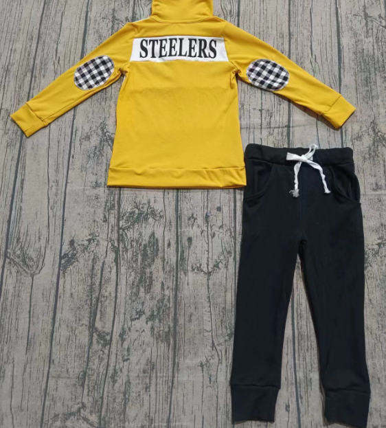 Preorder (moq 5)Baby Boys Steelers Hats Zipper Pullover Pockets Leggings Team Clothes Sets