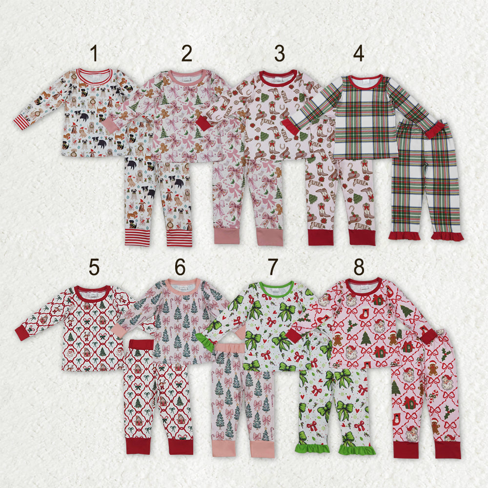 Sibling Baby Girls Christmas Long Sleeves Bows Holly Boots Top Pant Pajamas Sets