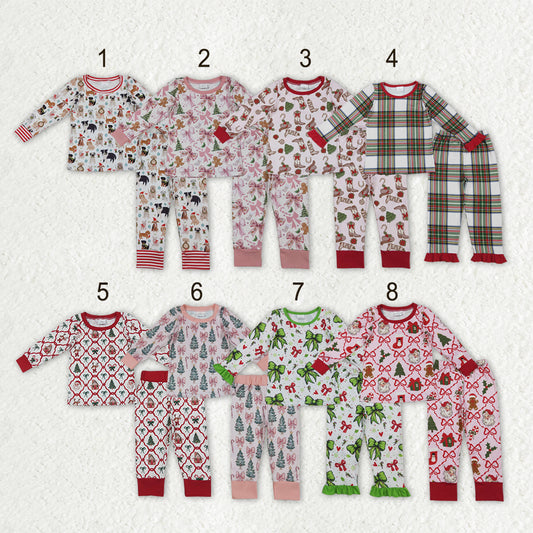 Sibling Baby Girls Christmas Long Sleeves Bows Holly Boots Top Pant Pajamas Sets