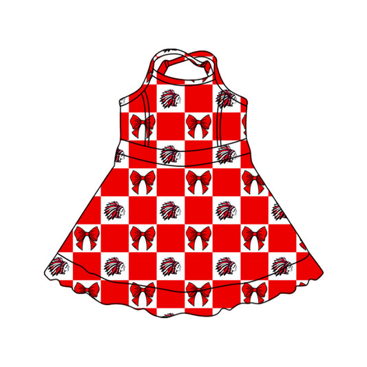 Preorder (moq 5)Baby Girls Strap Tribe Bows Checked Yoga Active Team Short Knee Length Dress