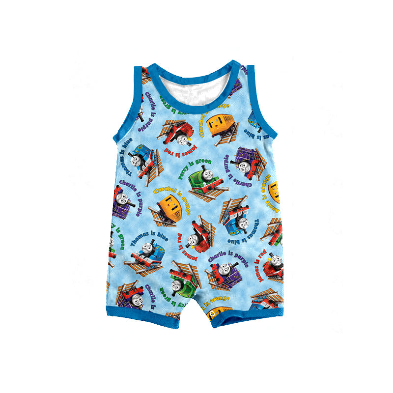 Baby Infant Boys Blue Train Sleeveless Rompers preorder(moq 5)