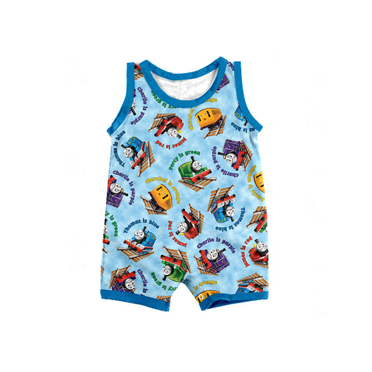 Baby Infant Boys Blue Train Sleeveless Rompers preorder(moq 5)