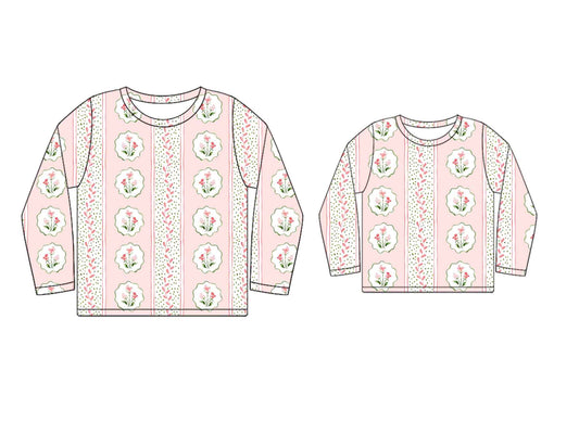 Preorder (moq 5 each) Mommy and Me Women Baby Girls Flowers Pink Long Sleeve Tee Shirts