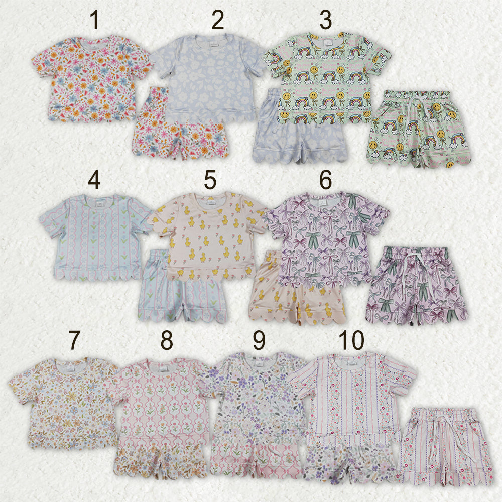 Sibling Baby Girls Colorful Flowers Top Pockets Shorts Scallop Clothes Sets