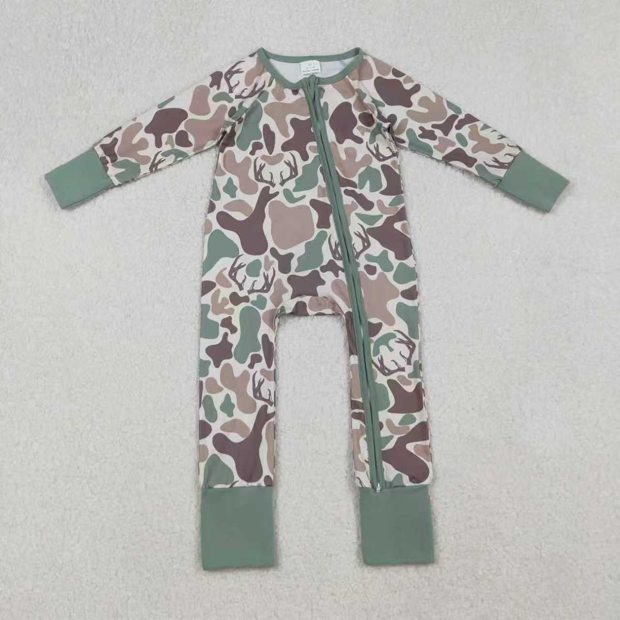Sibling Baby Boys Green Brown Deer Camo Hunting Pajamas Sets Zipper Rompers Hoodies Top