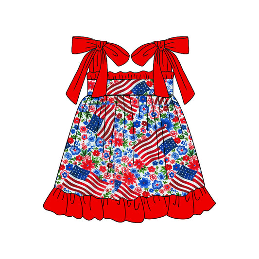 Baby Girls Flag Flowers Straps Ruffle Knee Length Dresses preorder (moq 5)