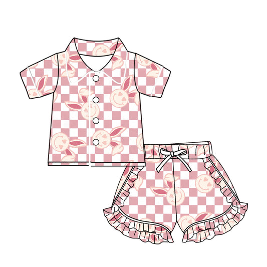 Baby Girls Easter Checkered Bunny Buttons Top Ruffle Shorts Pajamas Sets preorder(MOQ 5)