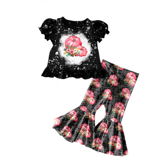 Baby Girls Black Top Fall Pink Pumpkins Bell Pants Clothes Sets Preorder(moq 5)