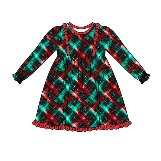 Baby Girls Christmas Green Red Checkered Ruffle Knee Length Dresses Preorder(moq 5)