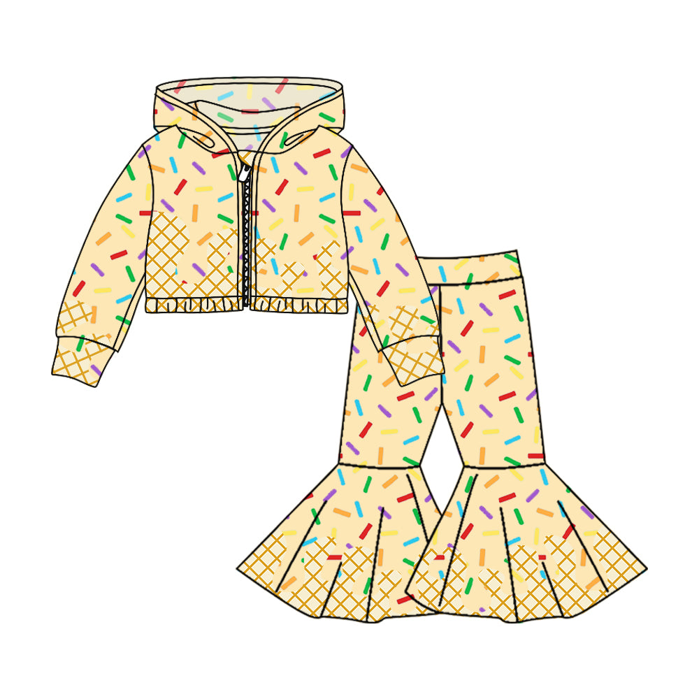 Preorder (moq 5)Baby Girls Yellow Long Sleeves Drip Zipper Jacket Top Bell Bottom Pant Team Clothes Sets