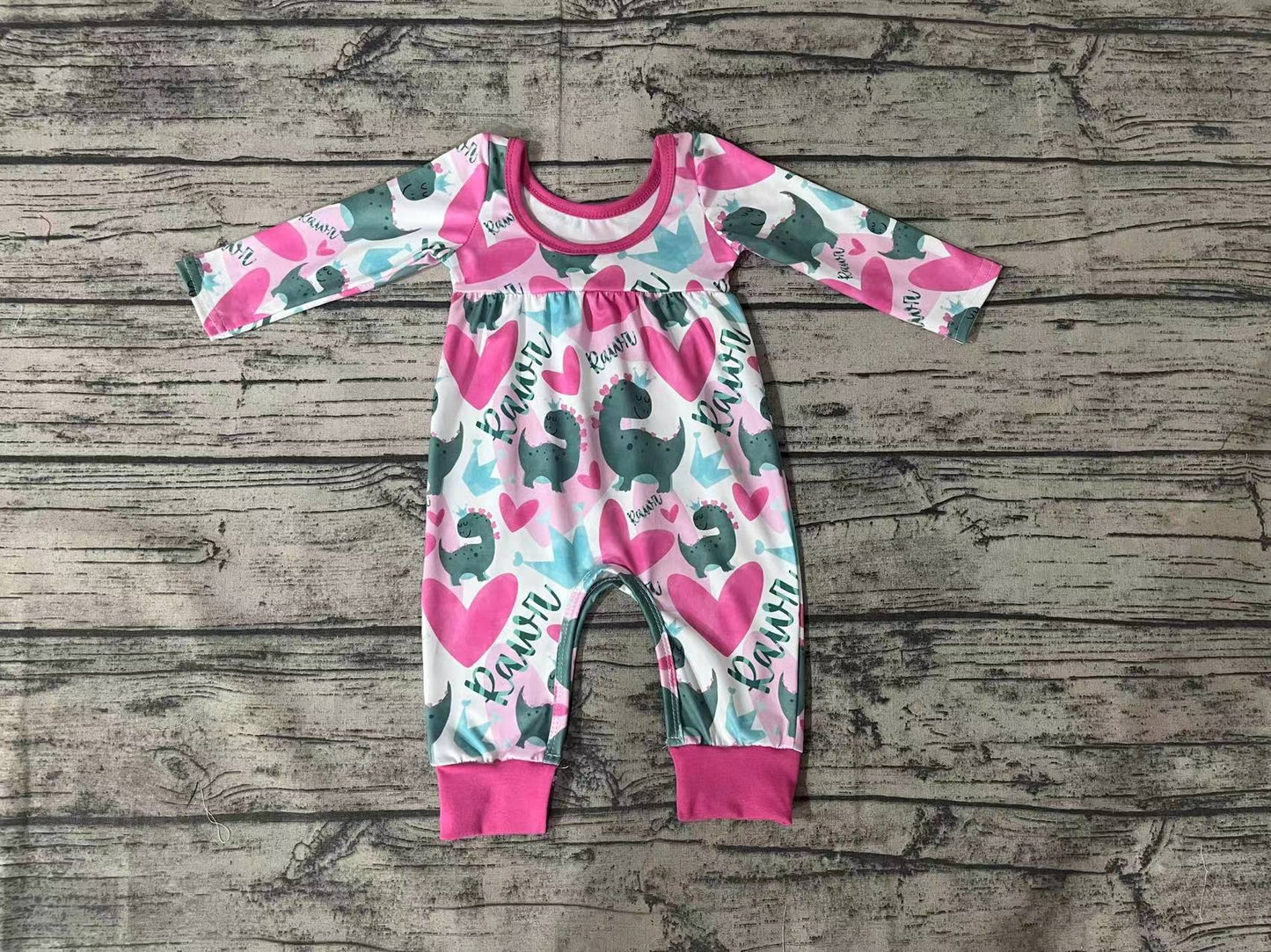 Baby Infant Girls Pink Hearts Valentines Dinosaurs Rompers