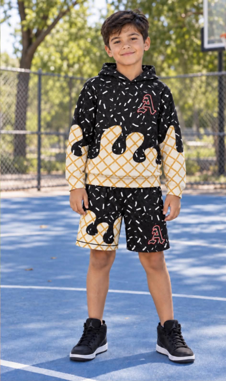 Preorder (moq 5)Baby Boys Black Drips A Hooded Top Team Shorts Clothes Sets