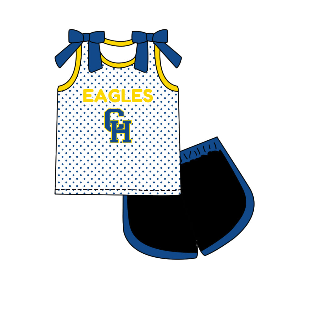 Preorder (moq 5)Baby Girls Bows CH Eagles Polka Dots Top Short Team Clothes Set