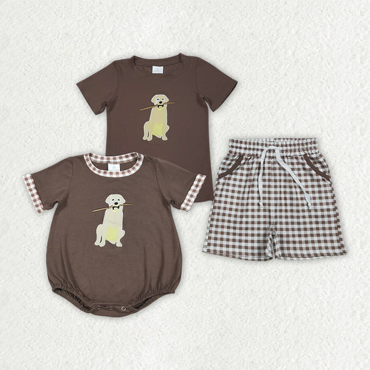 Sibling Baby Boys Embroidery Dogs Top Checked Short Hunting Clothes Set Rompers