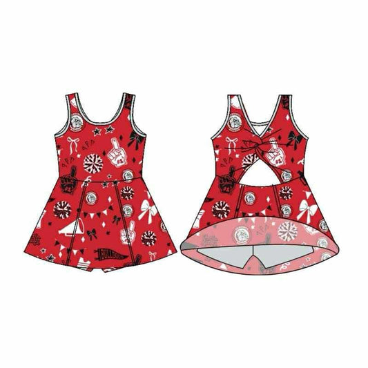 Preorder (moq 5)Baby Girls Sleeveless Red Bulldogs Bows Football Team Shorts Dresses