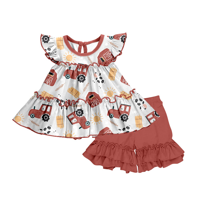 Baby Girls Summer Farm Tunic Top Ruffle Shorts Clothes Sets preorder(moq 5)