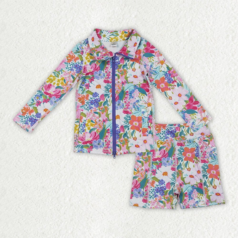 Baby Girls Pink Lavender Floral Zipper Pockets Jacket Shorts Yoga Active Clothes Set