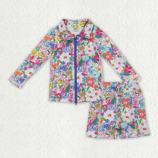 Baby Girls Pink Lavender Floral Zipper Pockets Jacket Shorts Yoga Active Clothes Set