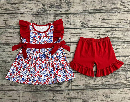 Baby Girls Red Blue Flowers Tunic Top Summer Shorts Clothes Sets