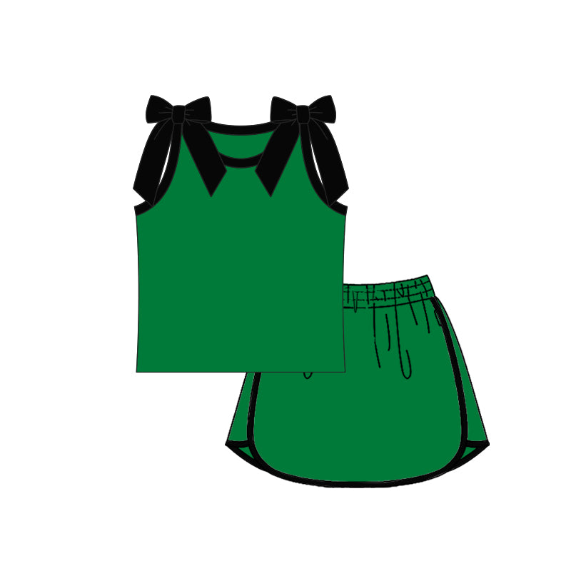 Preorder (moq 5)Baby Girls Black Green Bows Sleeveless Shirts Skirt Shorts Clothes Sets