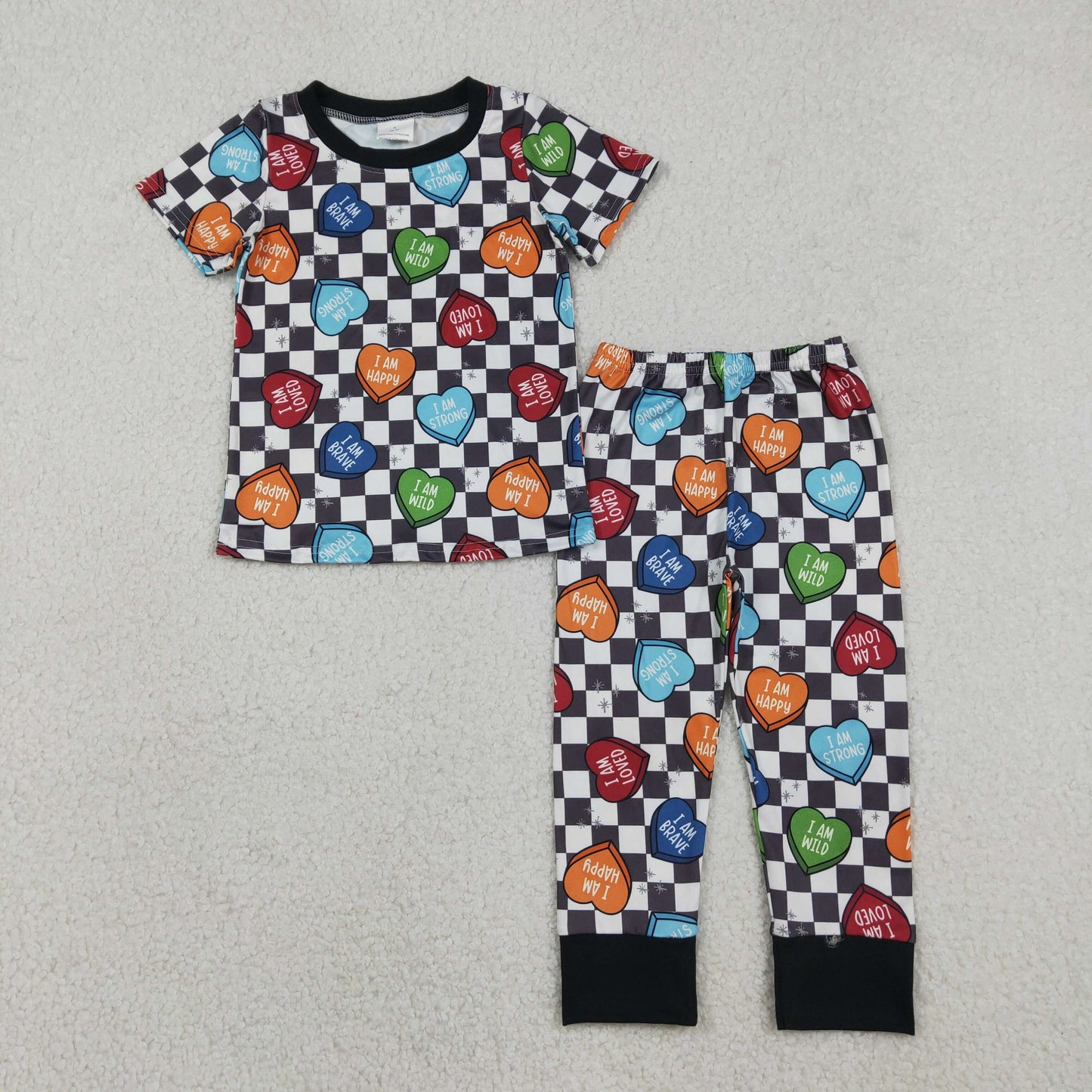 Baby Boys Black Checked Hearts Top Pants Valentines Pajamas Sets