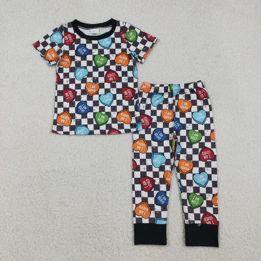 Baby Boys Black Checked Hearts Top Pants Valentines Pajamas Sets