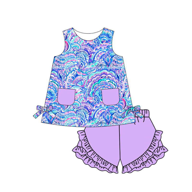 Preorder (moq 5)Baby Girls Purple Seashell Tunic Top Ruffle Shorts Clothes Sets