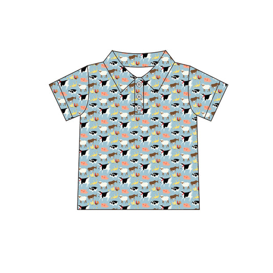 Preorder (moq 5)Baby Boys Blue Farm Animals Short Sleeve Buttons Tee Shirts Tops