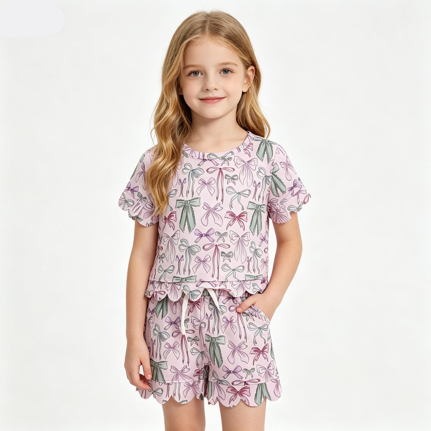 Baby Girls Short Sleeve Pink Green Bows Top Pockets Shorts Scallop Clothes Set