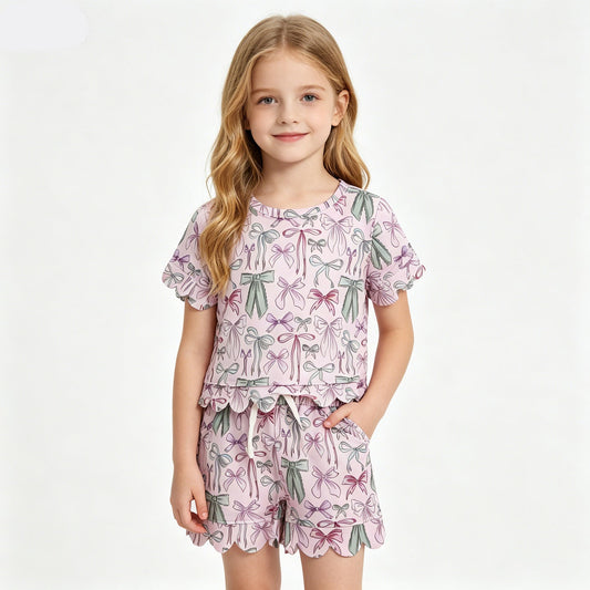 Baby Girls Short Sleeve Pink Green Bows Top Pockets Shorts Scallop Clothes Set