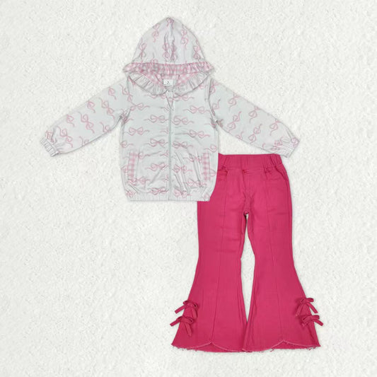 Baby Girls Pink Bows Zip Pocket Hoodies Jacket Denim Bell Bottom Pants Clothes Sets