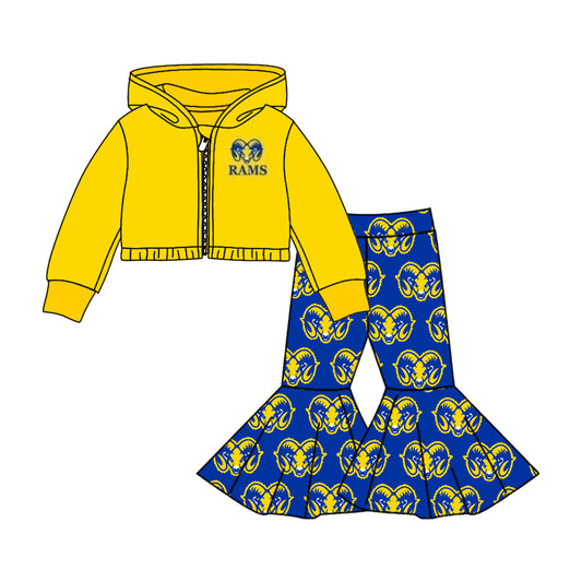 Preorder moq 5 Baby Girls Rams Team Zip Tops Bell Pants Clothing Sets