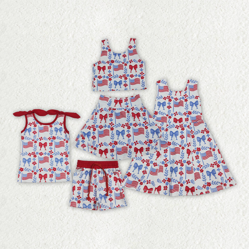 Sibling Baby Girls Flag Flower Bows Checked Pockets Short 4th of July Clothes Set Active Dresses