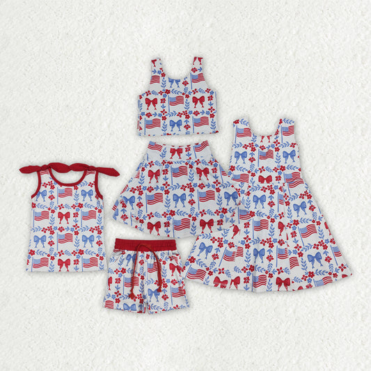 Sibling Baby Girls Flag Flower Bows Checked Pockets Short 4th of July Clothes Set Active Dresses