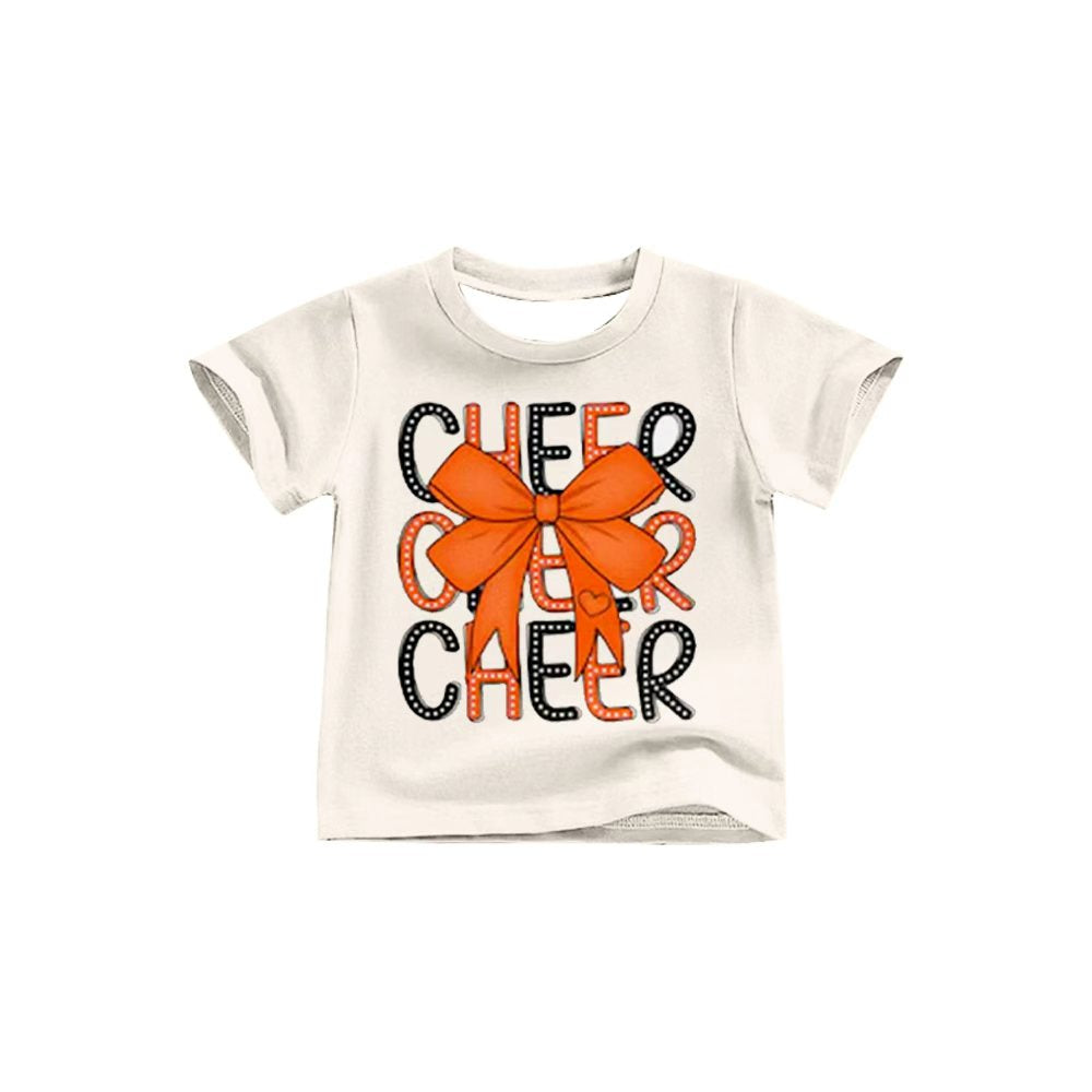Preorder (moq 5)Baby Girls Orange Black Bow Cheer Team Short Sleeve Tee Shirts Tops