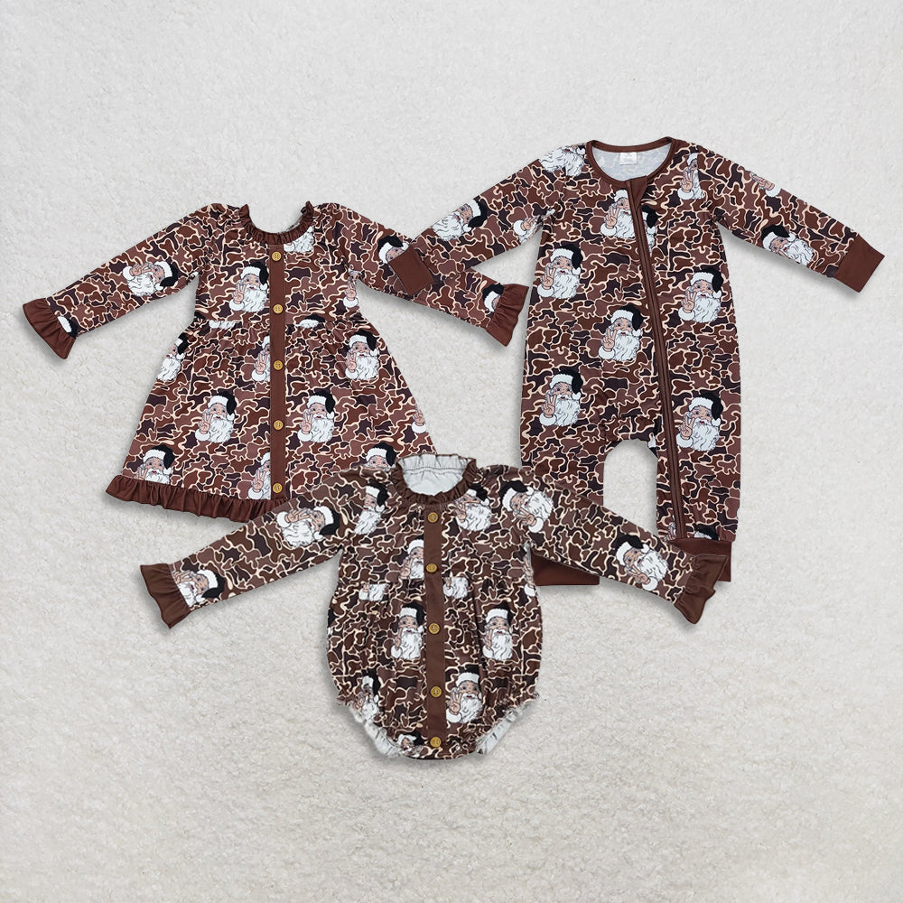 Sibling Baby Girls Camo Christmas Santa Rompers Dresses