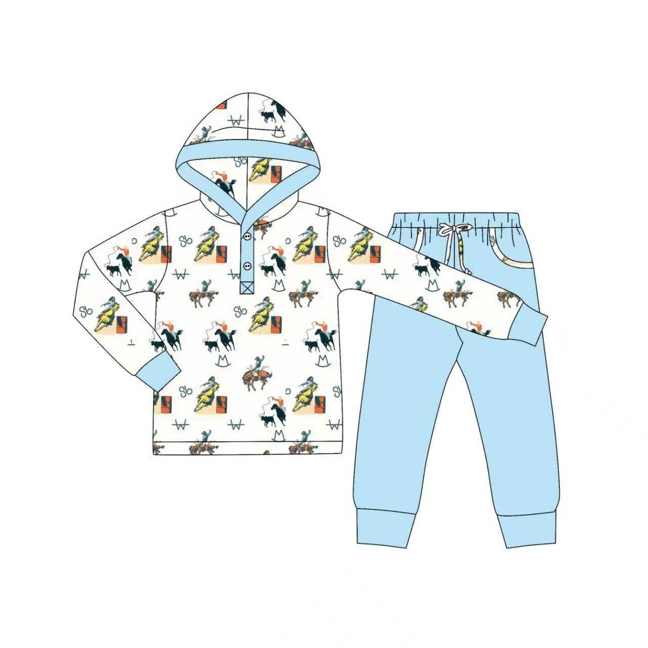 Preorder (moq 5)Baby Boys Blue Horse Rodeos Button Hoodie Pockets Jogger Western Clothes Sets