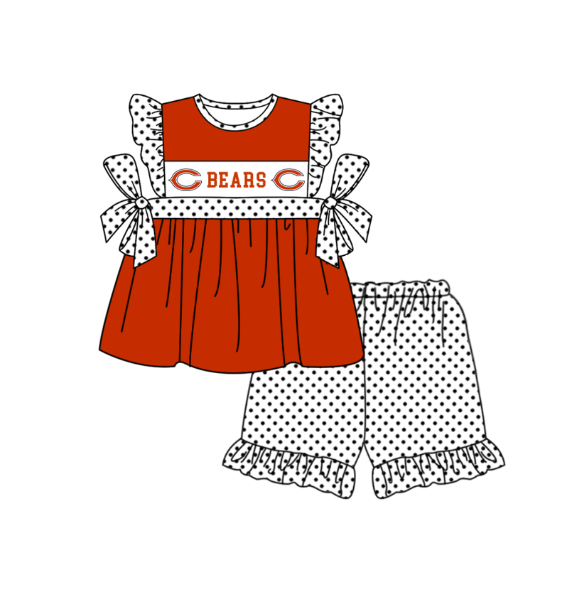 Preorder (moq 5)Baby Girls Flutter Sleeve Bears Top Polka Dots Ruffle Shorts Team Clothes Sets