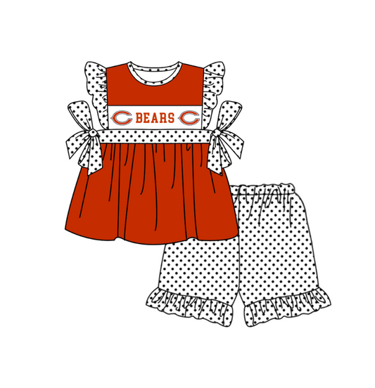 Preorder (moq 5)Baby Girls Flutter Sleeve Bears Top Polka Dots Ruffle Shorts Team Clothes Sets