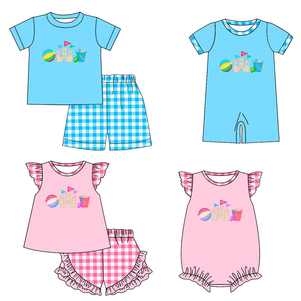 Preorder moq 5 (each item)Baby Boys Girls Beach Castles Checked Shorts Clothes Sets Rompers