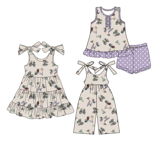 Preorder moq 5 Custom Baby Girls Ducks Bows Button Tunic Lavender Polka Dots Short Set Knee Length Dress Jumpsuits