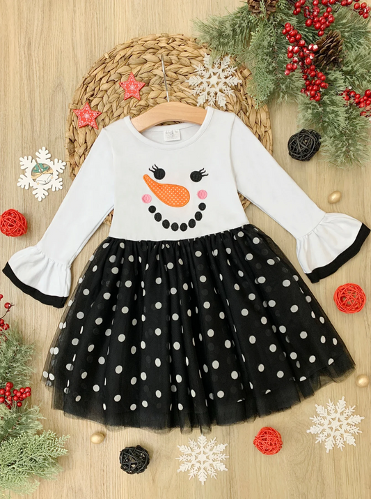 Baby Girls Christmas Snowman Print Long Sleeve Tutu Knee Length Dresses Preorder(moq 5)